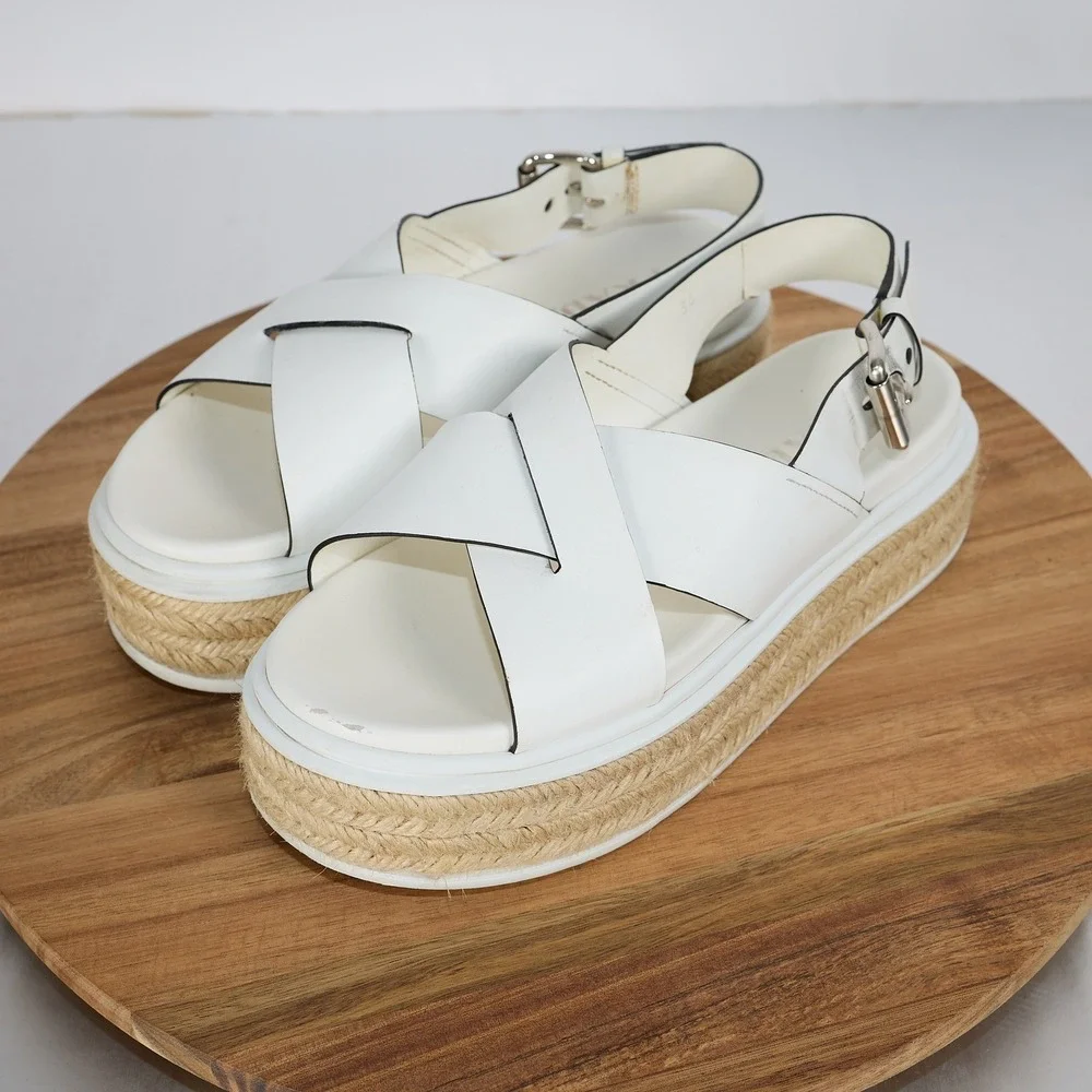 Prada White Leather Crisscross Platform Espadrille Sandals 36 Slingback Flatform